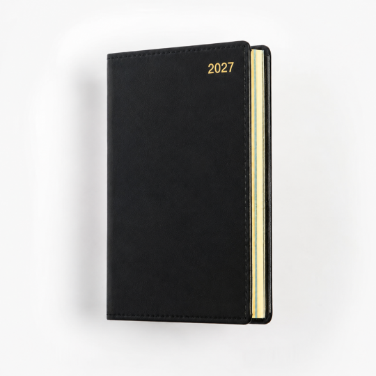 Klassisk fickkalender 2027 - konstskinn - veckouppslag - svart - unika detaljer