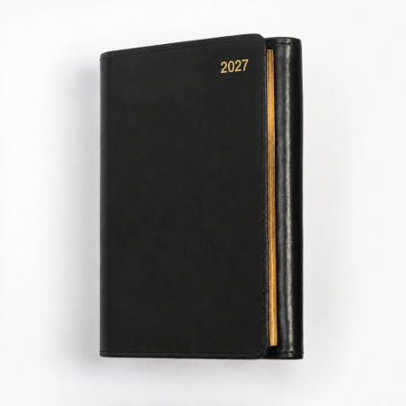 svart årtal - Tredelad fickkalender 2027 - svart - spiralbunden - äkta skinn - guldsnitt - penna - postIT