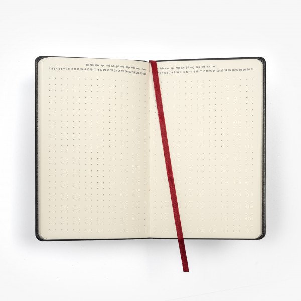 SKRIVI neutral svart och röd - exklusiv skrivbok - anteckningsbok - uppslag med punktade sidor och månad dag överst på sidan